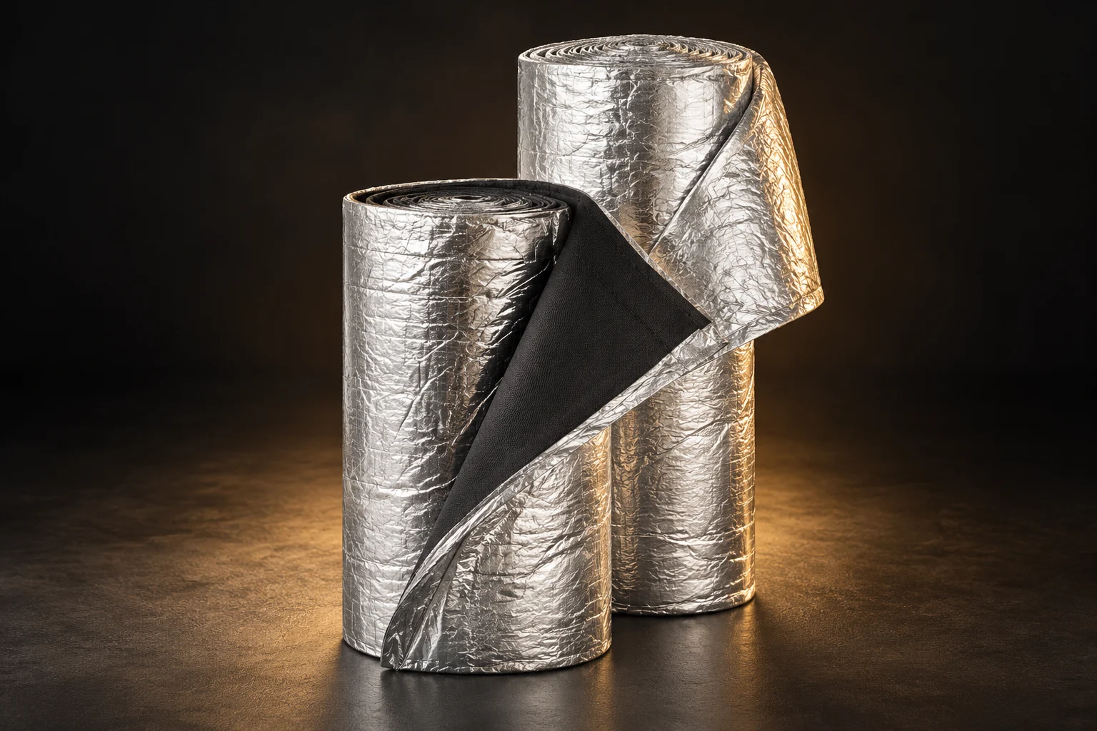 Illustration de deux rouleaux d’isolant réflecteur argenté, sur fond anthracite avec une lumière dorée.